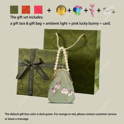 Tulip Embroidered Pearl Handle Handbag with Kiss-Lock