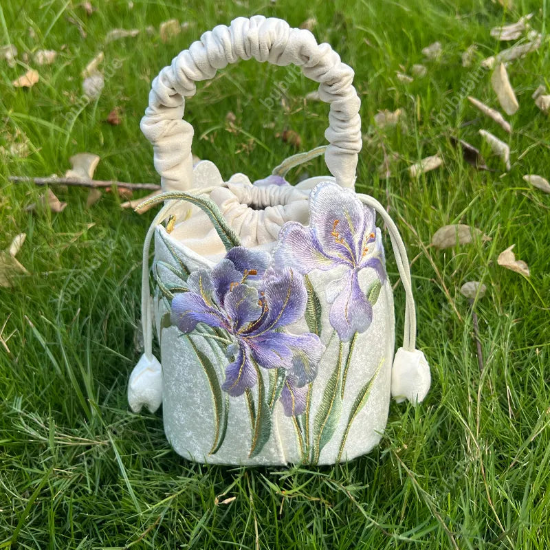 Purple Iris Embroidered Drawstring Bucket Bag