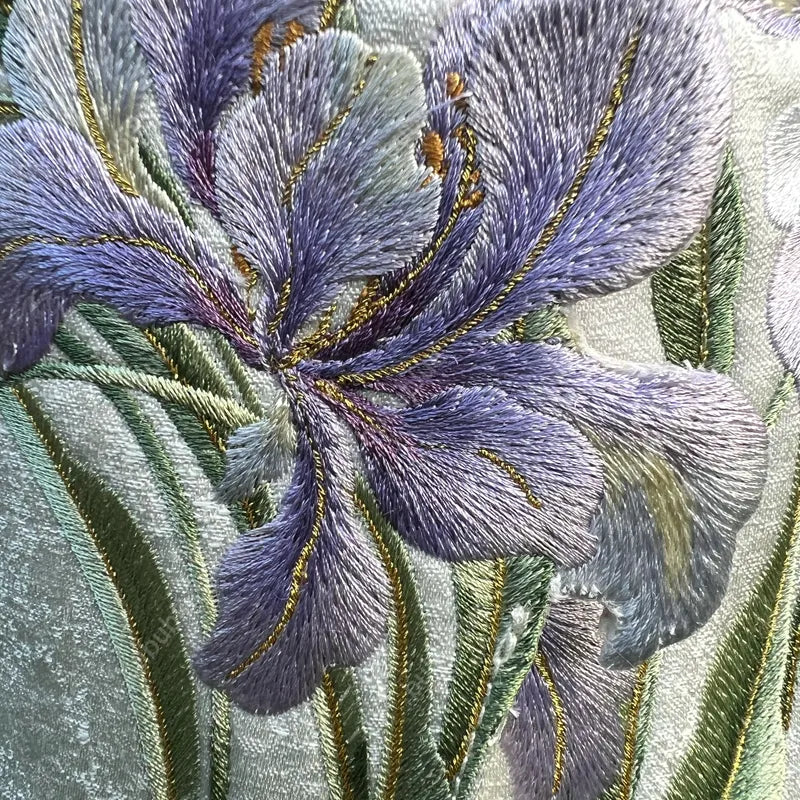 Purple Iris Embroidered Drawstring Bucket Bag