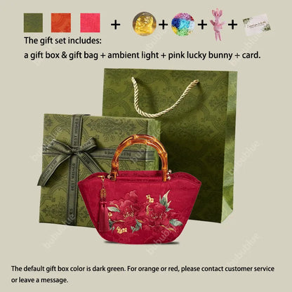 Red Peony Bloom Embroidered Tote Bag with Bamboo Handle