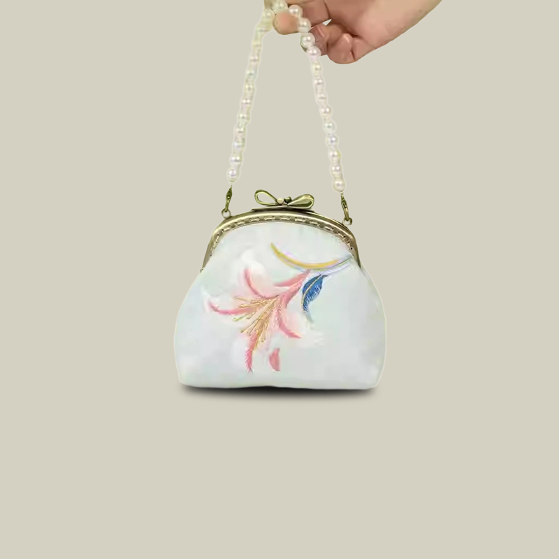 Pearl Chain Lily Embroidered Mini Purse with Bow Metal Kiss-Lock