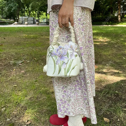 Purple Iris Embroidered Drawstring Bucket Bag