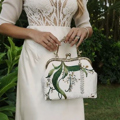 Lily of the Valley Embroidered Kiss-Lock White Handbag with Pearl Tassel