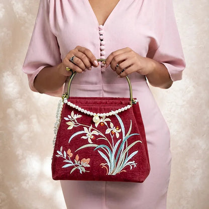 Cotton And Linen Orchid Embroidery Handbag With Pearl Chain (White/Red/Orange-Brown)