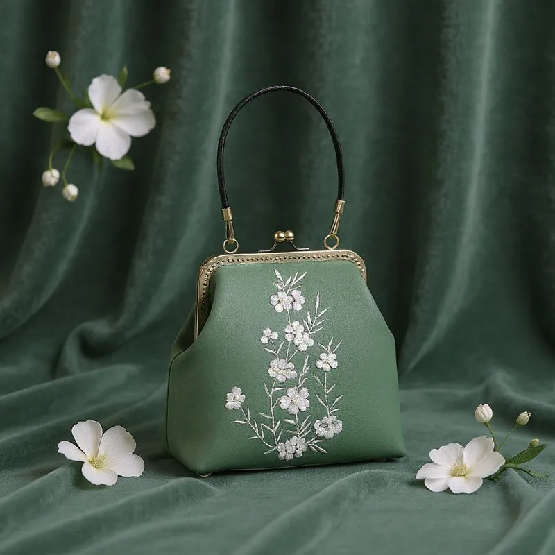 Milk Silk White Nightshade Embroidered Small Square Bag With Leather Handle