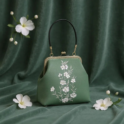 Milk Silk White Nightshade Embroidered Small Square Bag With Leather Handle