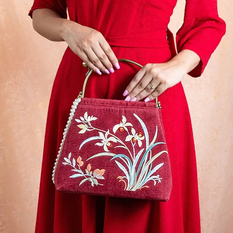 Cotton And Linen Orchid Embroidery Handbag With Pearl Chain (White/Red/Orange-Brown)