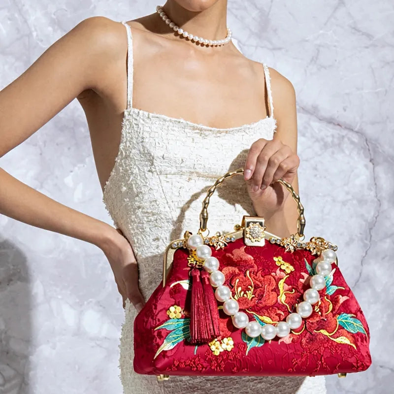 Red Peony Bloom Embroidered Handbag Bag with Pearl Handle