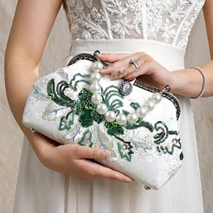Emerald Green Floral Embroidered Clutch Bag With Pearl Handle