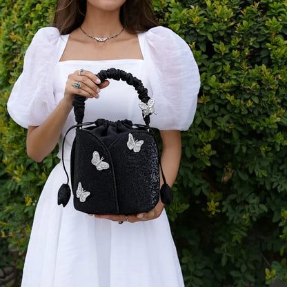 Black Butterfly Embroidered Vintage Bucket Bag Crossbody