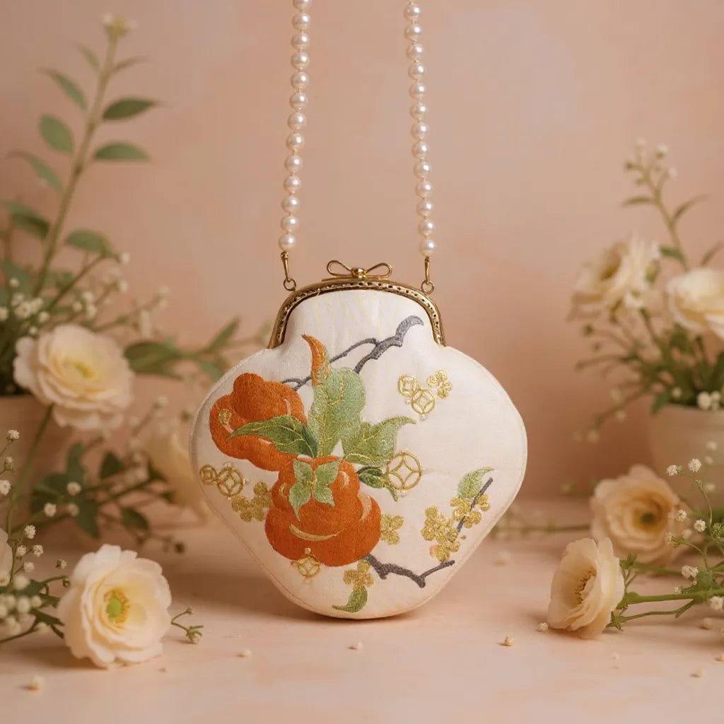 Persimmon Embroidered Pearl Chain Kiss-Lock Crossbody Bag