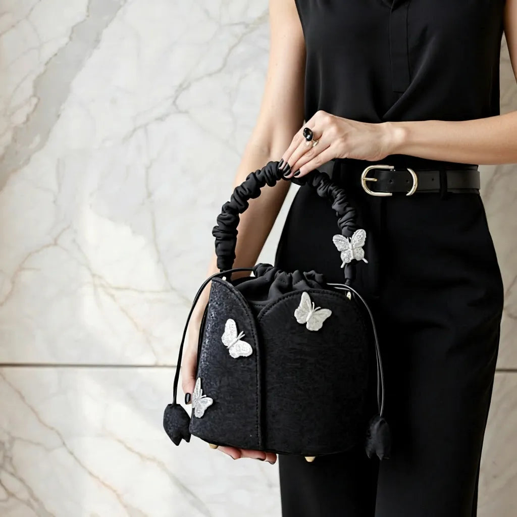 Black Butterfly Embroidered Vintage Bucket Bag Crossbody