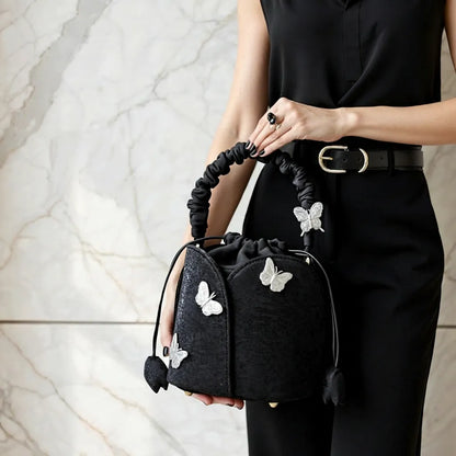 Black Butterfly Embroidered Vintage Bucket Bag Crossbody