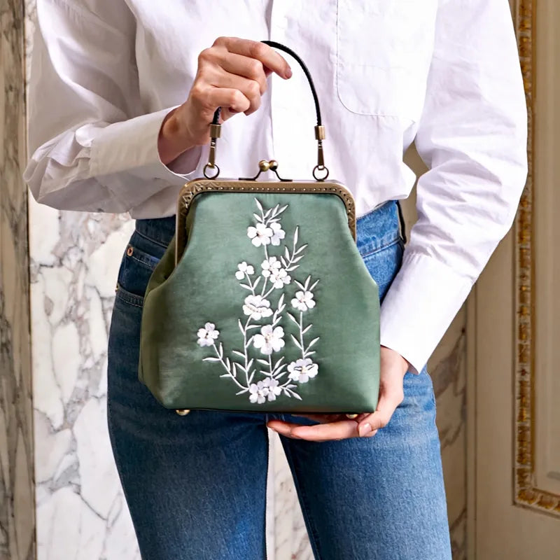 Milk Silk White Nightshade Embroidered Small Square Bag With Leather Handle