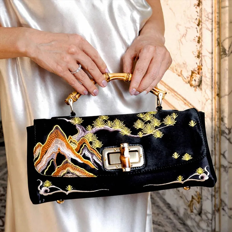 Mountain Pine Embroidered Boston Bag with Bamboo Handle