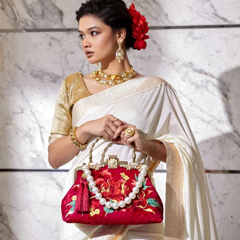 Red Peony Bloom Embroidered Handbag Bag with Pearl Handle