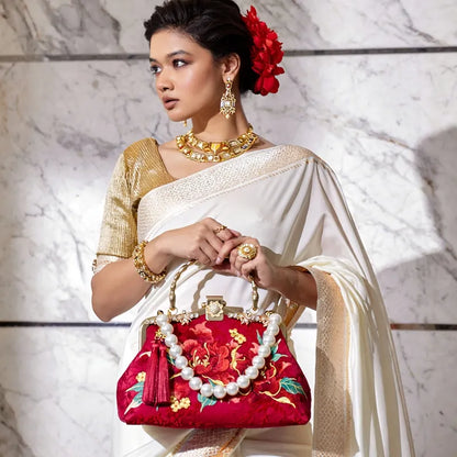 Red Peony Bloom Embroidered Handbag Bag with Pearl Handle