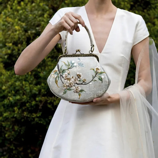 Vintage Pear Blossom Embroidered Shell Handbag with Kiss Lock