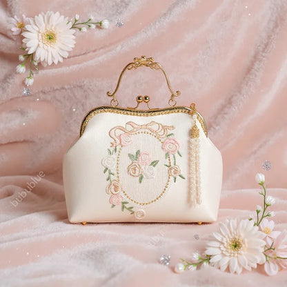 Vintage Rose Embroidered Handbag with Pearl Tassel & Gold Handle