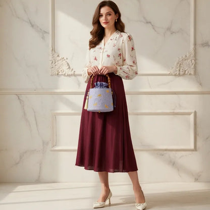 Golden Butterfly Embroidered Bucket Bag(Pink/Purple)