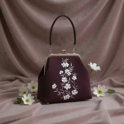 Milk Silk White Nightshade Embroidered Small Square Bag With Leather Handle