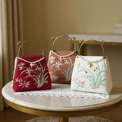 Cotton And Linen Orchid Embroidery Handbag With Pearl Chain (White/Red/Orange-Brown)