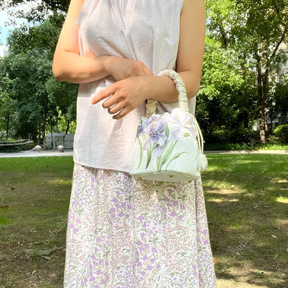 Purple Iris Embroidered Drawstring Bucket Bag