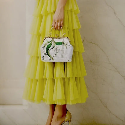 Lily of the Valley Embroidered Kiss-Lock White Handbag with Pearl Tassel