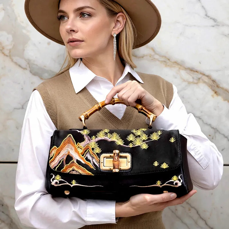 Mountain Pine Embroidered Boston Bag with Bamboo Handle