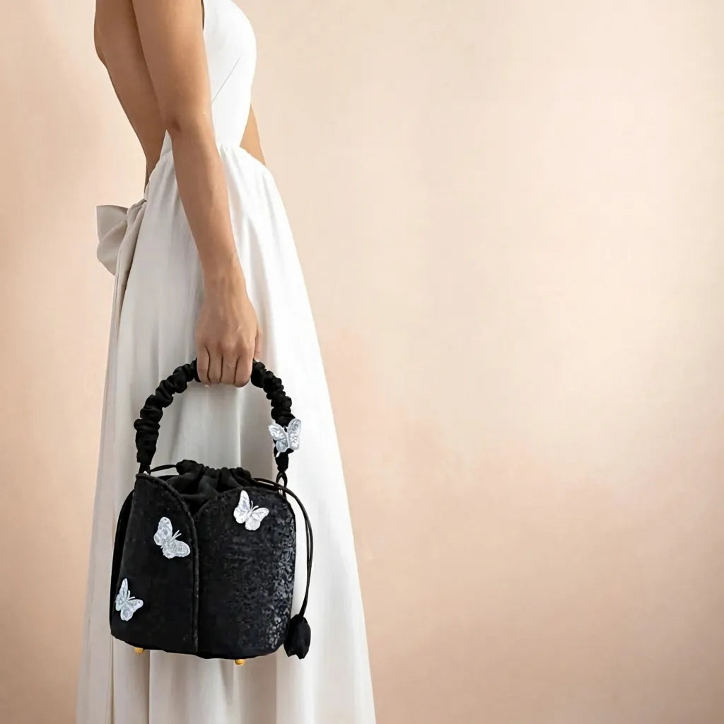 Black Butterfly Embroidered Vintage Bucket Bag Crossbody