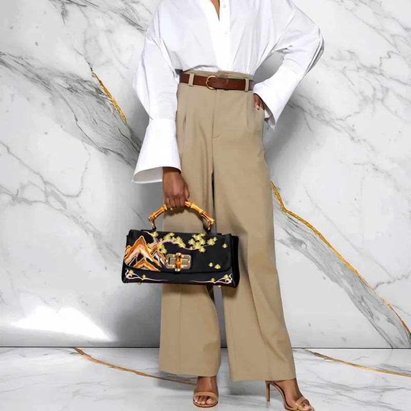 Mountain Pine Embroidered Boston Bag with Bamboo Handle