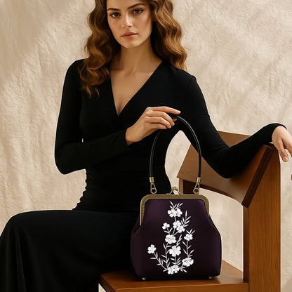 Milk Silk White Nightshade Embroidered Small Square Bag With Leather Handle