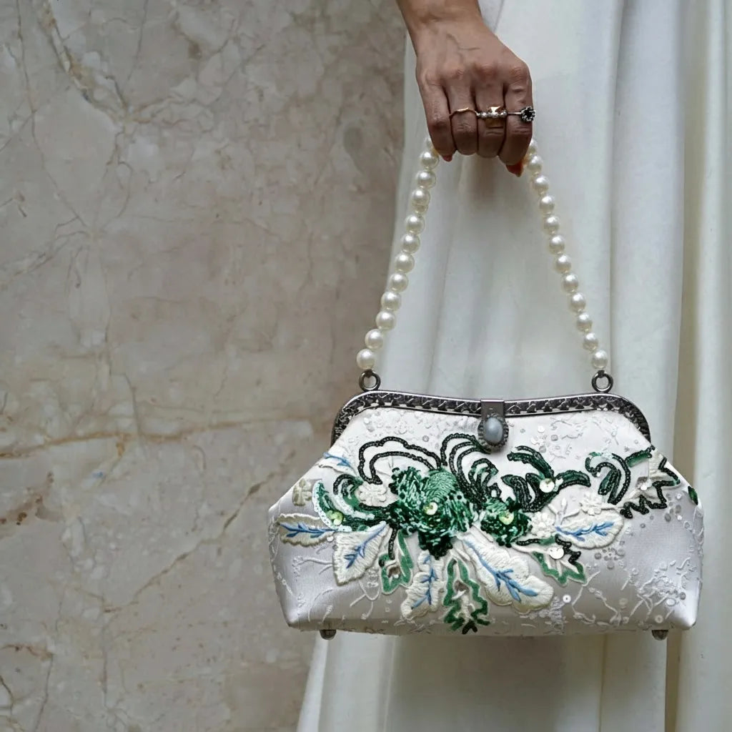 Emerald Green Floral Embroidered Clutch Bag With Pearl Handle