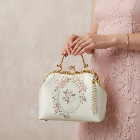 Vintage Rose Embroidered Handbag with Pearl Tassel & Gold Handle