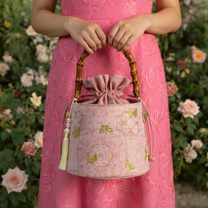 Golden Butterfly Embroidered Bucket Bag(Pink/Purple)