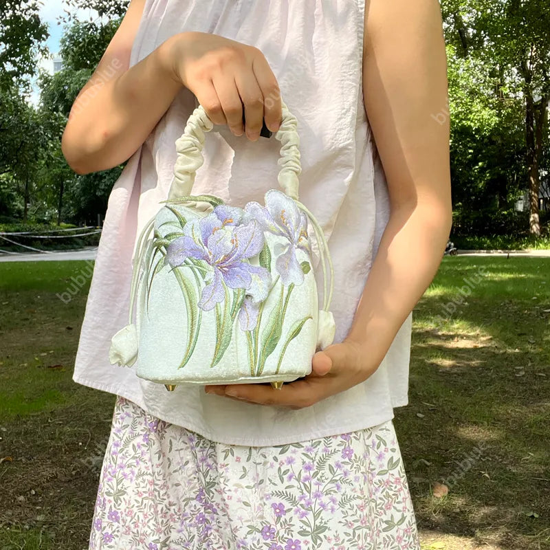 Purple Iris Embroidered Drawstring Bucket Bag