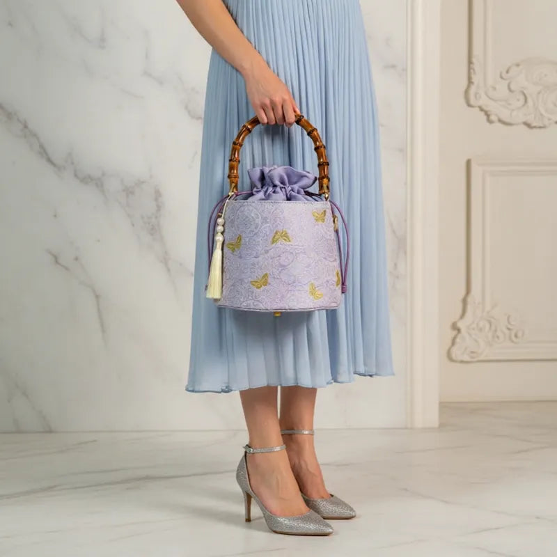 Golden Butterfly Embroidered Bucket Bag(Pink/Purple)