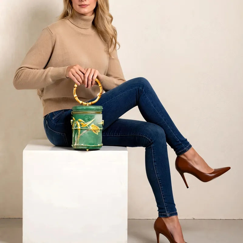 Cicada Song Embroidered Green Mini Bucket Bag