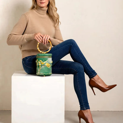 Cicada Song Embroidered Green Mini Bucket Bag