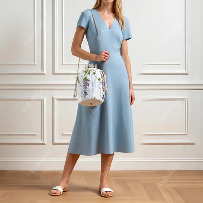 Wisteria Embroidered Drawstring Bucket Bag in Cream Satin