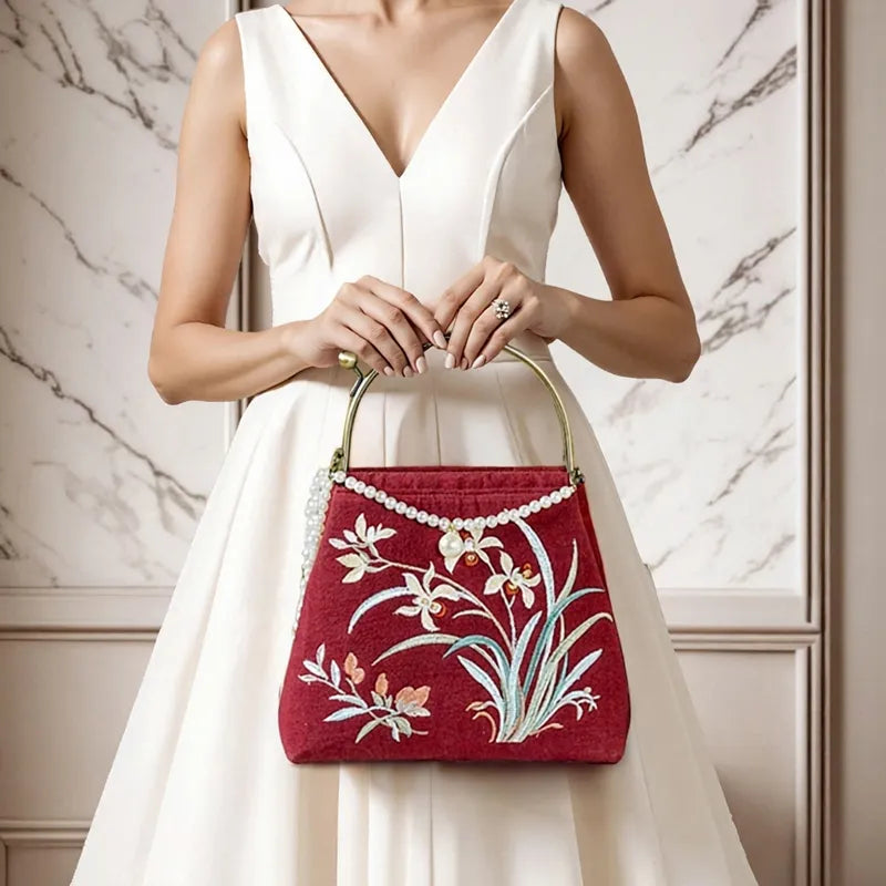 Cotton And Linen Orchid Embroidery Handbag With Pearl Chain (White/Red/Orange-Brown)