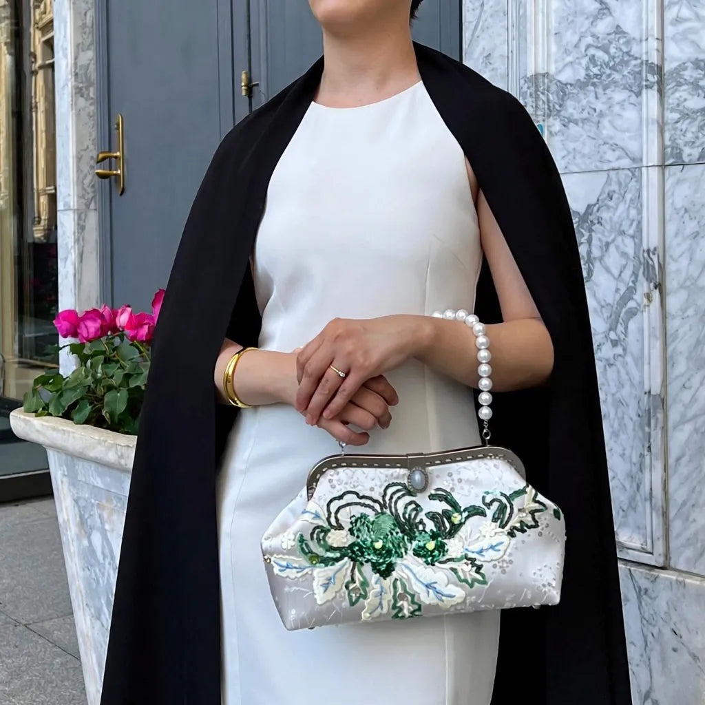 Emerald Green Floral Embroidered Clutch Bag With Pearl Handle