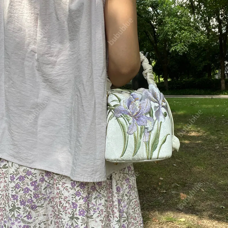 Purple Iris Embroidered Drawstring Bucket Bag