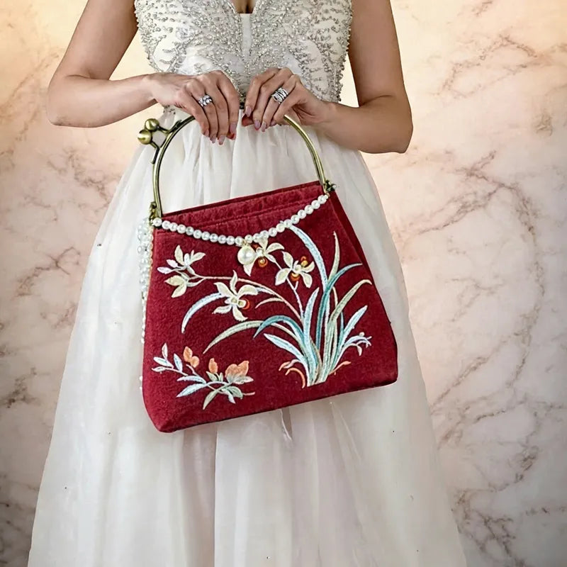 Cotton And Linen Orchid Embroidery Handbag With Pearl Chain (White/Red/Orange-Brown)