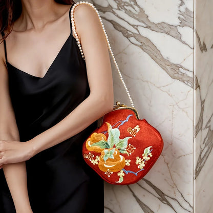 Persimmon Embroidered Pearl Chain Kiss-Lock Crossbody Bag