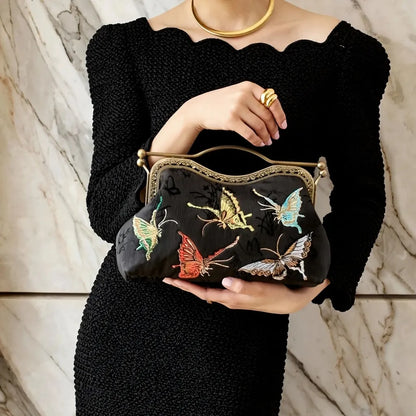 Vintage Butterfly Embroidered Handbag with Metal Kiss-Lock