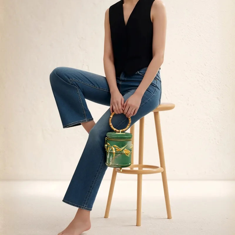 Cicada Song Embroidered Green Mini Bucket Bag