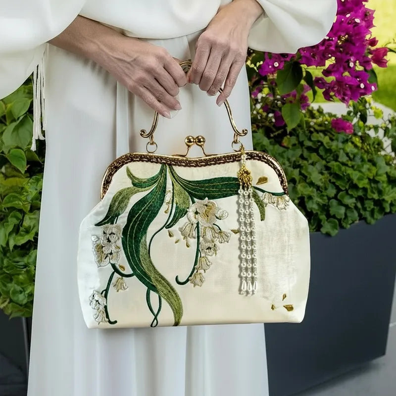 Lily of the Valley Embroidered Kiss-Lock White Handbag with Pearl Tassel
