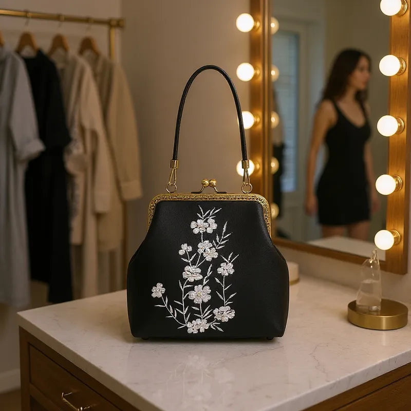 Milk Silk White Nightshade Embroidered Small Square Bag With Leather Handle