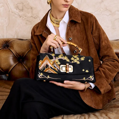 Mountain Pine Embroidered Boston Bag with Bamboo Handle